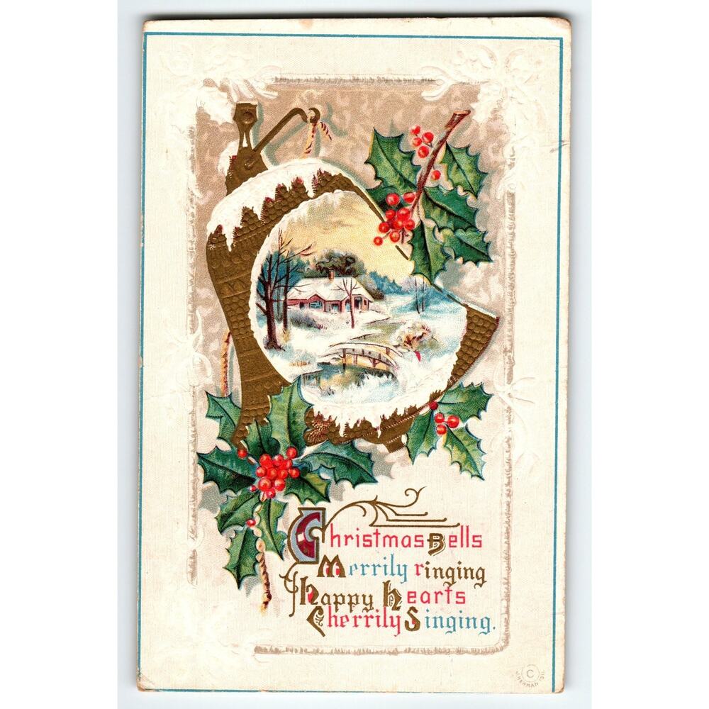 Vintage 1913 Embossed Christmas Bells Holiday Postcard with Snowy Scene